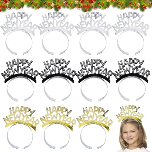Happy New Year Haarreifen,12 Happy New Year Stirnband Tiara, Weihnachts Kopfschmuck Silvester Deko 2025 Tiara mit leuchtenden Sternen Silvester Party Haarschmuck, Neujahr Fotorequisiten Kostüm Zubehör