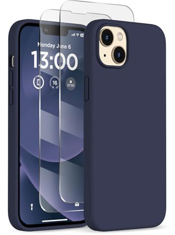 COFFKER for iPhone 13 Phone Case with [2X Screen Protectors], Liquid Silicone Shockproof Protective with Soft Anti-Scratch Microfiber Lining Slim Thin Case for iPhone 13 6.1 inch, Midnight Blue