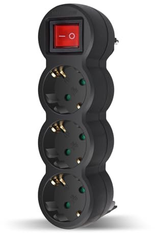 EXTRASTAR 3 en 1 Adaptador Plano con Interruptor y Tres Enchufes Schuko, hasta Carge 3680W, 16A, 250V, Negro, 1 pc