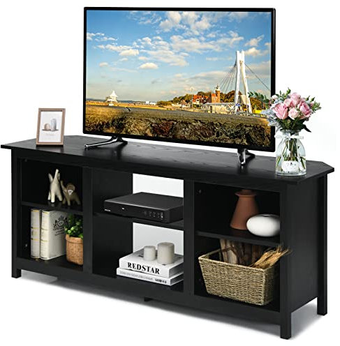 Multigot TV Cabinet for TVs up to 65”, Wooden TV Unit Console Table with 6 Open Storage Shelves, Media Entertainment Center Fireplace Stand for Living Room, Bedroom (Black)