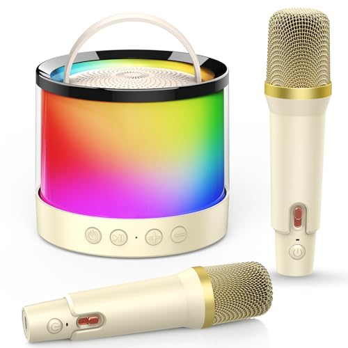 Dislocati Karaoke Maschine mit 2 Wireless Mikrofonen - 20W Tragbarer Party-Lautsprecher, LED-Lichtshow, TWS, AUX/USB, Bluetooth 5.3, 10h Laufzeit - Geschenk Für Erwachsene und Kinder (Weiß)