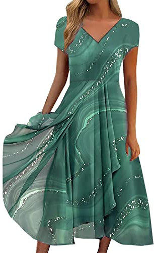 Robe Femme Été Mi-Longue Fluide Manche Courte - Plage Grande Taille Col V Chic Élégant Soirée Mariage Invitée Midi Vintage Casual Vacances (Vert, XXXXL)