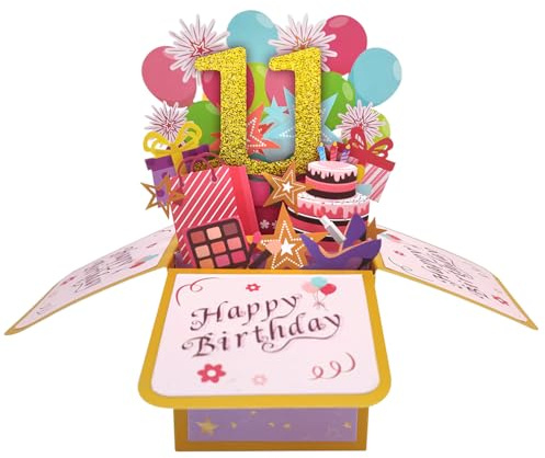 Happy 11th Birthday Pop Up Karte für Mädchen, 11 Jahre alte Geburtstags Geschenk Idee für Tochter Nichte, lustige 11. Geburtstag 3D Grußkarte für sie