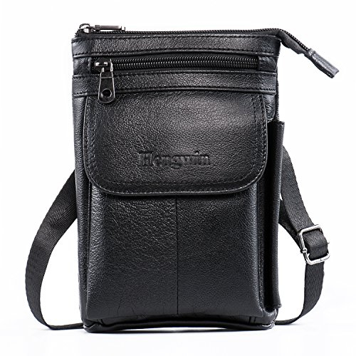 Hengwin Multifunktionale Echtleder Reißverschluss Taschen Männer Vintage Look Umhängetasche Handy Gürtel Tasche Telefon Holster für Reisen, Outdoor Aktivitäten (Schwarz)