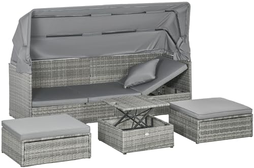 Outsunny 4tlg. Polyrattan Gartenmöbel Set, Sitzgruppe mit Sonnendach, höhenverstellbar Couchtisch, Hocker, Sonneninsel mit verstellbar Rückenlehne, Sitzkissen für Garten, Grau