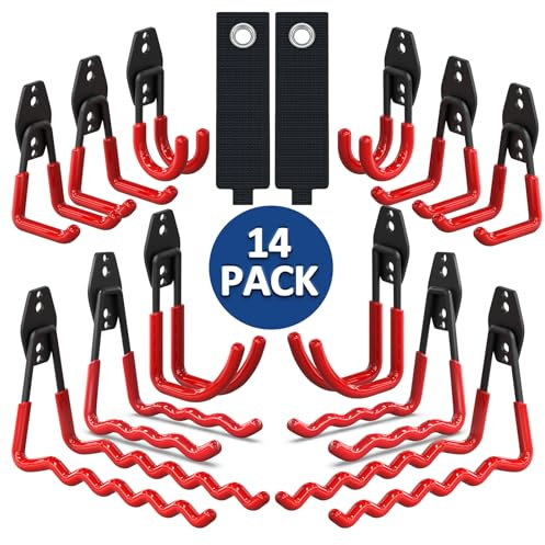 laofeei 14 Stück Schwerlast Wandhalterung Gartengeräte für Garage & Garten - Robuste Doppelhaken in verschiedenen Größen zur Aufbewahrung von Leitern und Elektrowerkzeugen, Rot