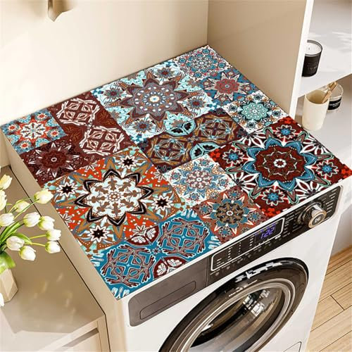 Highdi Washer and Dryer Top Protector, Mandala Washer and Dryer Top Mat Absorbent Quick Dry Silicone Mat, Anti Slip Dust Proof Washing Machine Mat for Laundry Room Home (Brown,60x60cm)
