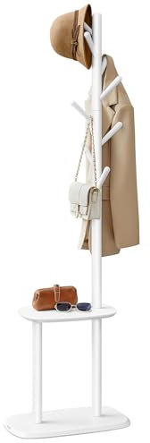 VASAGLE Coat Rack, Free Standing Coat Stand, Hall Coat Tree with 8 Hooks and Storage Shelf, 67.2 Inch Tall, for Coats, Hats, Bags, for Entryway, Hallway, Bedroom, Cloud White URCR040W01