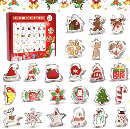 24 Stücke Weihnachten Ausstechformen Set zum Backen – Weihnachtsbaum, Schneeflocke, Lebkuchenmann, Weihnachtsmann und mehr Formen Weihnachts Ausstecher