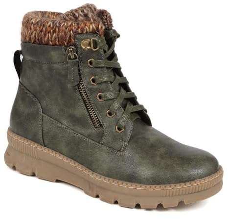 Knitted Cuff Lace-Up Boots - Olive Size 4