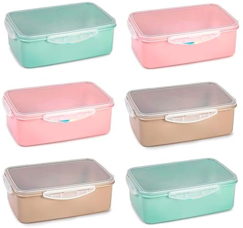 Tradineur - Pack de 6 Fiambreras Rectangulares Pastel con tapa Transparente - Fabricado en Plástico - Apto para microondas y lavavajillas - 7,5 x 24 x 16 cm - Color Aleatorio