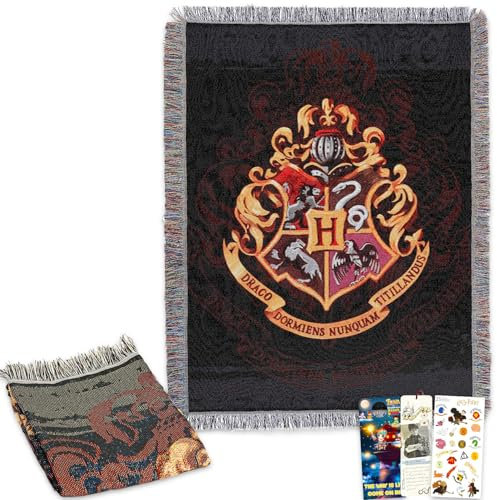 Harry Potter Gewebte Wandteppich-Überwurfdecke – Hogwarts-Überwurf, Lesezeichen, Aufkleber und mehr, Harry Potter Decke Größe 121,9 x 152,4 cm für Kinder
