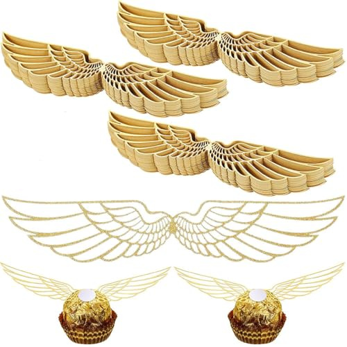 Gold Glitter Flügel Cupcake Deko, 100 Stück, Flügel Geburtstags Kuchen Deko Goldener Schnatz Dekoration FüR Bonbons Schokolade Hexe Cupcake Topper Kinder Party Mottoparty, Gold
