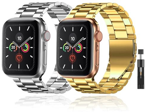 baklon 2 Pezzi Cinturino in Acciaio Inossidabile Compatibile con Apple Watch 42mm(Series 1 2 3) 44mm 45mm 49mm 46mm e Series SE3 2 1/ Ultra3 2 1/11 10 9 8 7 6 5 4 3 2 1, Argento+Oro
