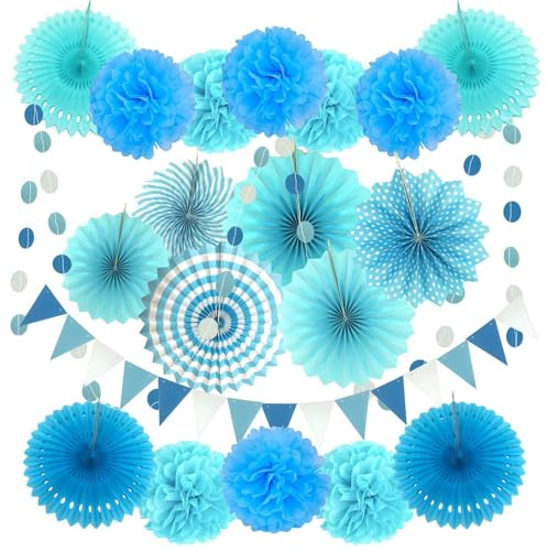 Party Dekoration Bunte Party Dekoration Papier Pompons, 20er Pack mit hängenden Papierfächer, Wimpel, Regenbogen Pompons, Girlande für Gartenpartys, Geburtstage und Karneval Hochzeiten & mehr (blau)