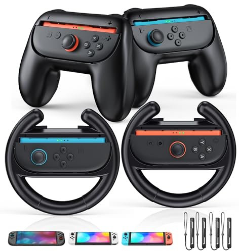 Set di 2 impugnature per joycon2 e 2 supporti per volante per controller Nintendo Switch2, impugnature ergonomiche e ruote da corsa, kit di accessori per videogiochi, colore nero