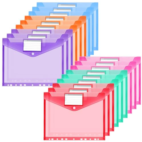 OFFCUP Dokumententasche A4 18St Transparent Druckknopf 11Loch 6Farben | Dokumentenmappe mit Etikettentasche Wasserdicht zum Abheften Datei Taschen Sichttasche