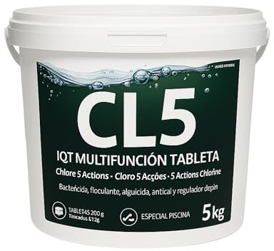 Cloro 5 Acciones, Recuperador Agua Piscina deteriorada, Tratamiento Inicial de la Piscina, Tabletas Multifuncion de 200 grs, Fabricado en España, Forma del Producto Granular, Contiene 5 Kg