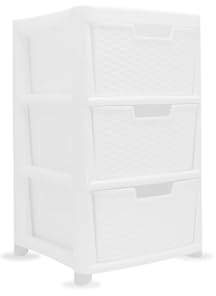 ALEEZ Medium Rattan Storage Drawers - 3 Spacious Plastic Drawers - Modular Storage Tower Cabinet Home, Office Solution Garage Organization - Space Saving Durable Storage Drawers (3 Tier Medium-white)