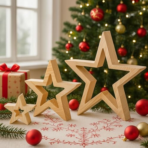 3 Stück Weihnachtsdeko Holz Stern, Weihnachts Stern aus Holz | Holzsterne Deko Aufsteller, Weihnachten Advent Winter Weihnachtstern Dekofigur für Tischdeko Weihnachten Deko Innen