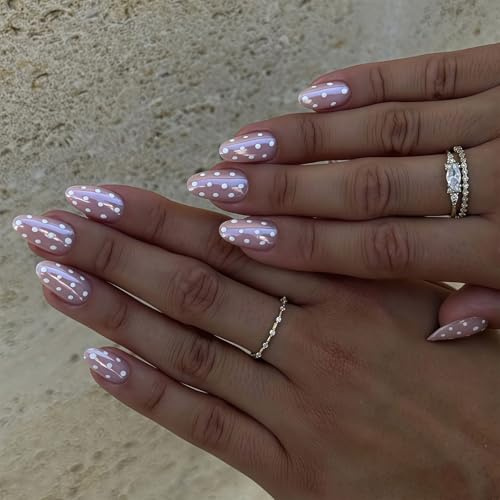 Auroriel 24 Pieces Almond Polka Dot Press On Nails With Glossy Coating Finish Pink Base Light White Dots Full Cover Glossy Reusable For Women Manicure