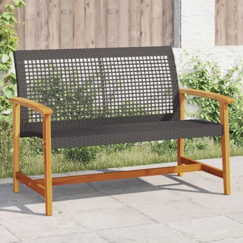Teenpull Gartenbank Schwarz 112 cm, Poly Rattan & Akazienholz, UV-beständig, 110 kg Tragkraft, Metallgestell, für Terrasse & Garten