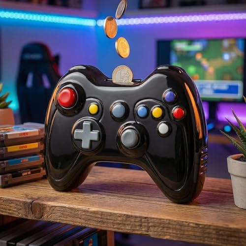 MIJOMA Spardose Controller Design Keramik schwarz mit Stopfen 16x13 cm Gamer Geschenkidee Geldgeschenk Deko Retro Spielkonsole Spielcontroller für Kinder Jugendliche Erwachsene