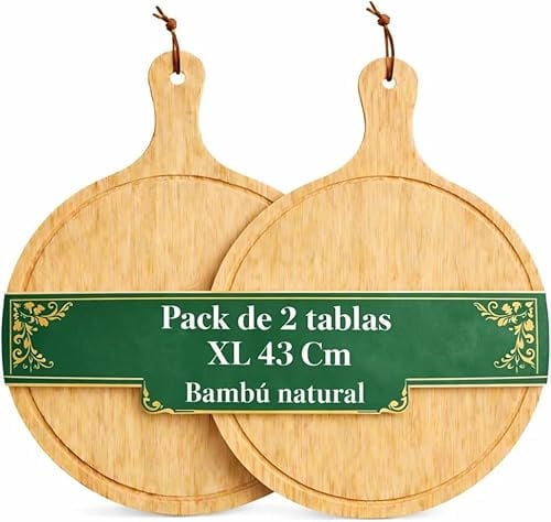 Confezione da 2 taglieri in bambù XL 43 cm Rotonda Piatto Pizza Legno Tagliere Grande per Pizza, Formaggi e Servire - Legno Bambù Resistente e Facile da Pulire