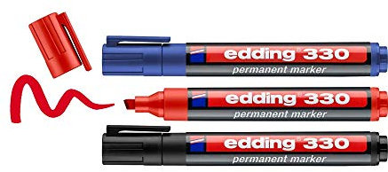 edding 330 permanent marker - black, red, blue - 3 pens - chisel nib 1-5 mm - waterproof, quick-drying, smear-proof pens - for cardboard, plastic, glass, wood, metal and fabric