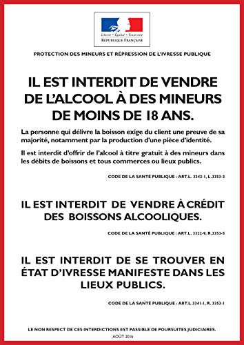 Autocollant vinyl - ALCOOL - PROTECTION DES MINEURS ET RÉPRESSION DE L'IVRESSE - Vente à emporter - L.148 x H.210 mm