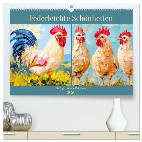 Federleichte Schönheiten. Duftige Hühner-Paintings (hochwertiger Premium Wandkalender 2026 DIN A2 quer), Kunstdruck in Hochglanz: Charmantes und buntes Federvieh im Ölgemälde-Stil (CALVENDO Tiere)