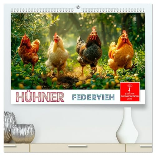 Hühner Federvieh (hochwertiger Premium Wandkalender 2026 DIN A2 quer), Kunstdruck in Hochglanz: Liebenswerte bunte eierlegende Haustiere (CALVENDO Tiere)