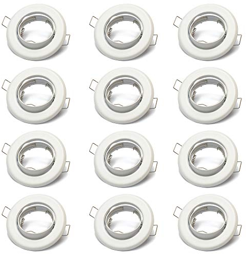12x Einbaustrahler GU10 Set – 12 Stück Einbaurahmen in Weiß Inkl. GU10 Fassung für LED oder Halogen Leuchtmittel, 30° Schwenkbar, Rund