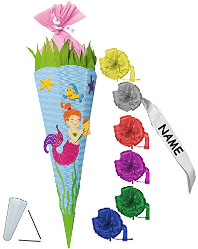 alles-meine.de GmbH BASTELSET Schultüte - Nixe - Meerjungfrau & Fische - 85 cm - incl. individueller Schleife - mit/ohne Kunststoff Spitze - Zuckertüte - Set zum selber Bas..