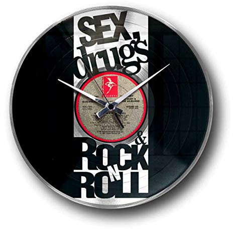 DISC'O'Clock Shallplattenuhr Sex Drugs and Rock'n'Roll Fun Silber - Lautlos Wanduhr, einfach aufzuhängen. 100% Made in Italy Handwerkliches Produkt