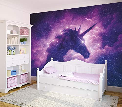 Vlies Tapete XXL Poster Fototapete Einhorn Sterne Glitzer lila Farbe color, Größe 300 x 220 cm