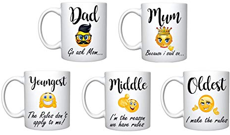 iTRONiK 5 Mugs Set Family Mum Dad Youngest Middle Oldest Child Rules Mugs