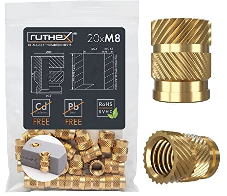 ruthex Inserto filettato M8-20 pezzi RX-M8x12.7- Boccola filettata in ottone- dado di inserimento per parti in plastica - utilizzabile in parti in plastica stampate in 3D tramite calore o ultrasuoni