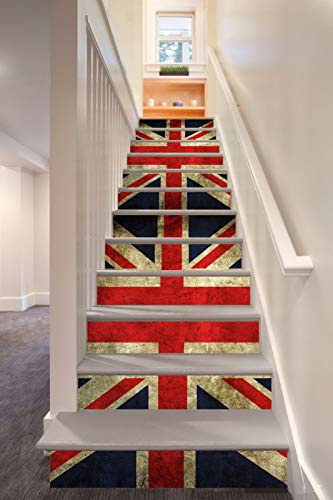 A.Monamour 3D Self-Adhesive Stair Riser Decals Stickers Set of 13 UK Flag Print in Grunge Style Removable Vinyl Stair Stickers Decals Kitchen Tile Stickers Mural Wall Sticker Wallpaper