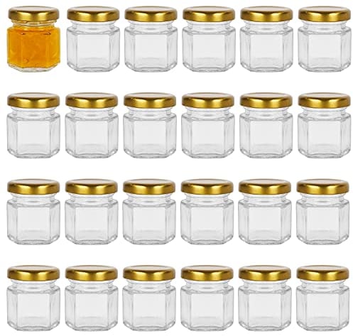 Yishik Lot de 24 bocaux à confiture hexagonaux en verre de 45 ml avec couvercles à vis dorés, pour confitures, fruits, noix, épices, gelées, aliments pour bébé ou desserts faits à la main