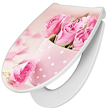 banjado Premium Toilettendeckel mit Absenkautomatik 45x38,4cm / WC Brille Soft Close/hygienischer Toilettendeckel/Klodeckel Duroplast mit Edelstahl Scharnier/Motiv Tasse Voll Rosen