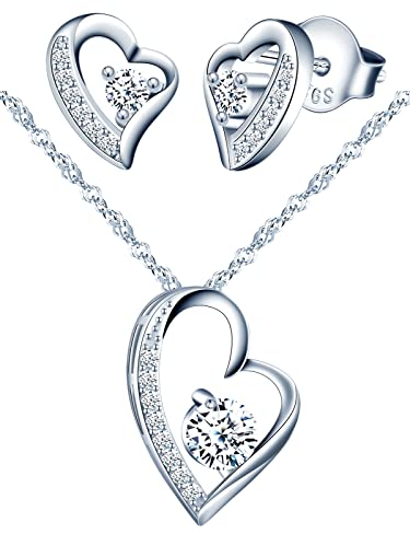 Yumilok Silber Schmuckset Damen, 925 Sterling Silber Halskette & Ohrringe Set, Herz Anhänger mit 45cm Kette & Ohrstecker mit Zirkonia für Mutter Frau Freundin
