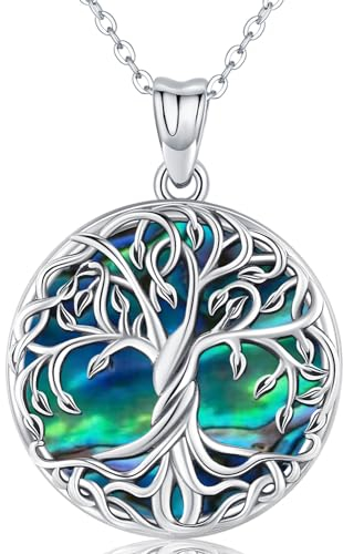Friggem Collier Arbre de Vie en Argent Sterling 925 avec Pendentif Arbre de Vie en Coquille d'ormeau pour maman/petite amie/femme