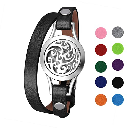 Flongo Aromatherapie Lederarmband Damen-Armband Armreif Aroma Locket Diffuser Duftstofflocket mit Farbigen Filz-Pads ätherisches Öl Diffusor für Frauen Schwarz