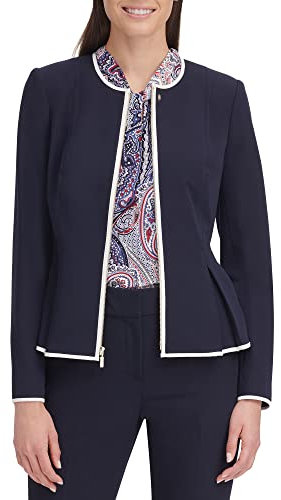 Tommy Hilfiger Peplum Collarless Zip Front Blazer Jacket Veste Peplumn, Bleu Nuit/Ivoire, 40 Femme