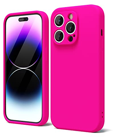 oakxco for iPhone 14 Pro Max Phone Case Liquid Silicone,Fluorescent Bright Solid Color, Cute Thin Slim Soft Rubber TPU Plain Smooth Gel Matte Protective Cover for Women Girl, Fuchsia Hot Pink