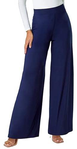Roman Wide Leg Trousers for Women UK Ladies Palazzo Pants Evening Jersey Elasticated High Waist Smart Flared Culotte Office Work Going Out Loose Crepe Bottoms - Navy - Size 22