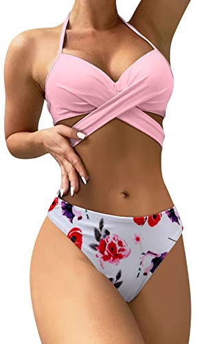 riou Bikinis Femme 2023 Push Up Bon Marché Imprimé Floral Maillot de bain Rembourré Soutien-gorge Hauts et Culotte Bohême Rembourré Soutien-gorge Hauts Split Swimmingsuit Piscine Vacances, rose, S