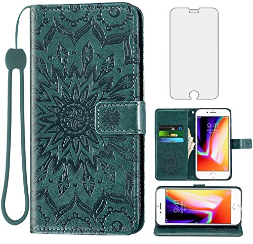 Phone Case for iPhone 7/8/SE 2020/2022 Wallet with Tempered Glass Screen Protector Leather Flip Cover Card Holder Stand iPhone7 iPhone8 SE2020 SE2022 2/2nd/3/3rd Generation SE2 SE3 Men Dark Green
