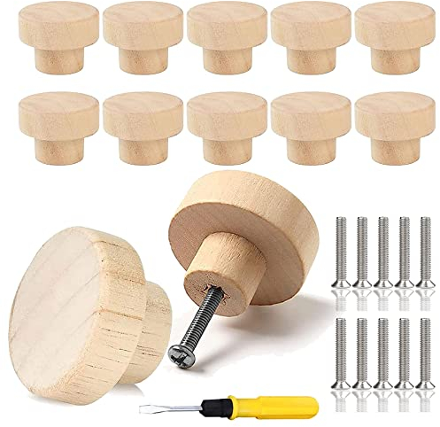 Möbelknöpfe Holz, 10 Stück Holz Tür Schubladengriffe, 33 x 25mm Runde Holz Schubladengriff mit Schrauben und Schraubendreher, Griffe Möbel Knöpfe für Schränke, Schubladen, Möbel